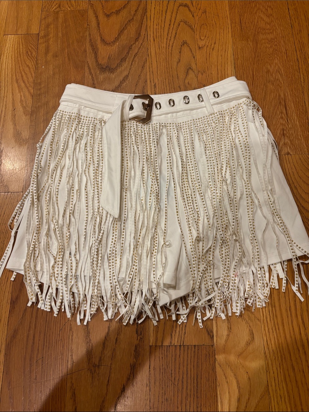 Women's White Fringe Shorts with Belt
